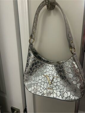 Versace Collection Silver Croc-Embossed Shoulder Bag with Gold Hardware
